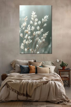 Beyaz Çiçek Cam Tablo Minimalist Pastel Yeşil UV Baskılı Temperli Boho Nordic Yatak Odası Salon Deko