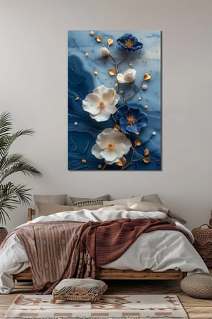 Mavi Çiçek Mermer Desen Baskılı Cam Tablo – Lüks Modern UV Baskı Duvar Dekoru