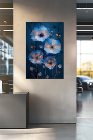 Lacivert Mavi Çiçek Baskılı Cam Tablo – Altın Detaylı Lüks Modern UV Baskı Duvar Dekoru