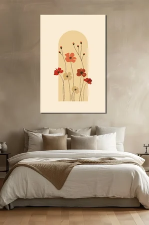 Minimalist Çiçek Baskılı Cam Tablo – Bohem Modern UV Baskı Duvar Dekoru