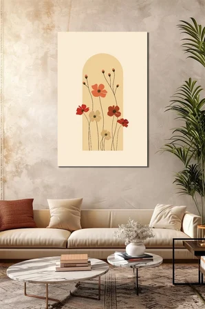 Minimalist Çiçek Baskılı Cam Tablo – Bohem Modern UV Baskı Duvar Dekoru