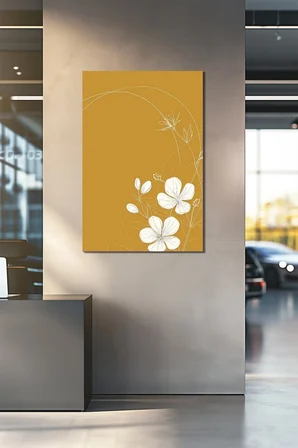 Minimalist Çizgi Çiçek Baskılı Cam Tablo – Hardal Sarı Modern UV Baskı Duvar Dekoru