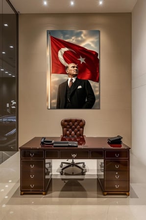 Atatürk Türk Bayrağı Baskılı Cam Tablo – Milli Temalı Prestij UV Baskı Duvar Dekoru