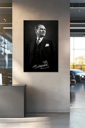 Atatürk İmzalı Siyah Beyaz Cam Tablo – Modern Prestij UV Baskı Duvar Dekoru
