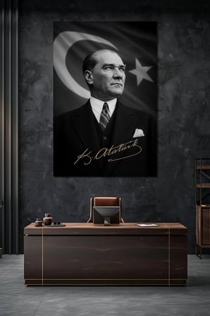 Atatürk Portre Baskılı Cam Tablo – Türk Bayrağı Arka Planlı Şık Tasarım