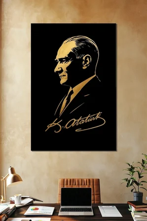 Atatürk Silüet Baskılı Cam Tablo – Gold Detaylı Modern Tasarım