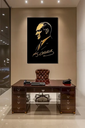 Atatürk Silüet Baskılı Cam Tablo – Gold Detaylı Modern Tasarım