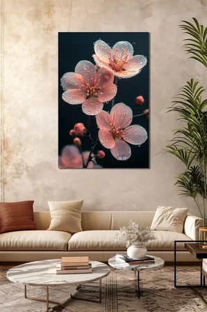 Çiçek Baskılı Cam Tablo – Pembe Sakura Çiçeği Dekoratif Duvar Tablosu