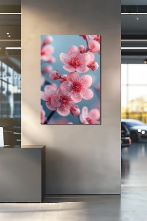 Sakura Çiçeği Baskılı Cam Tablo – Pembe Çiçek Desenli Modern Duvar Tablosu