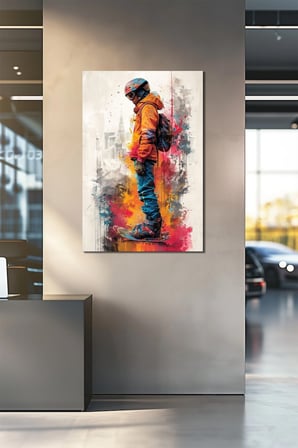 Snowboardcu Baskılı Cam Tablo – Renkli Modern Spor Temalı Dekoratif Duvar Tablosu