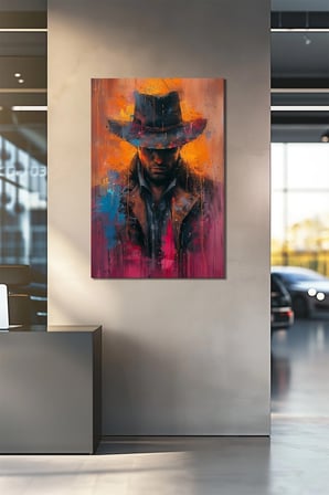 Kovboy Baskılı Cam Tablo – Renkli Soyut Erkek Portre Modern Duvar Tablosu