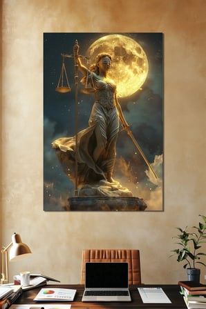 Adalet Heykeli Baskılı Cam Tablo – Dolunay Temalı Lady Justice Dekoratif Duvar Tablosu