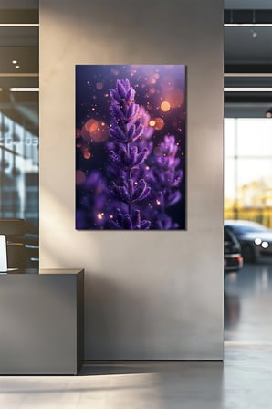 Lavanta Baskılı Cam Tablo – Mor Çiçek Temalı Işıltılı Dekoratif Duvar Tablosu