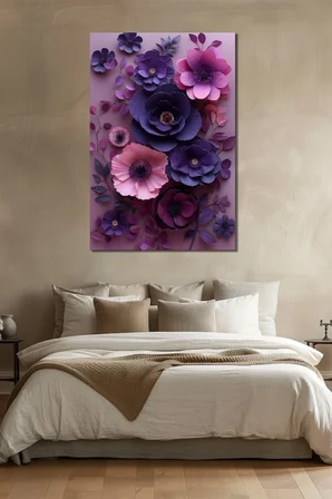 Çiçek Baskılı Cam Tablo – Mor ve Pembe 3D Floral Dekoratif Duvar Tablosu