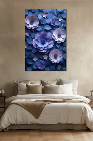 Çiçek Baskılı Cam Tablo – Mavi Mor Tonlu 3D Floral Dekoratif Duvar Tablosu