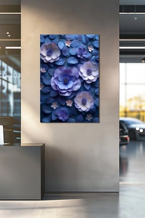 Çiçek Baskılı Cam Tablo – Mavi Mor Tonlu 3D Floral Dekoratif Duvar Tablosu