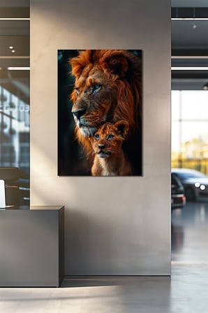 Aslan Baskılı Cam Tablo – Anne ve Yavru Aslan Temalı Dekoratif Duvar Tablosu