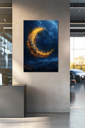 Ay Baskılı Cam Tablo – Altın Hilal Ay Gece Manzaralı Dekoratif Duvar Tablosu
