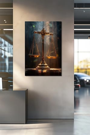 Terazi Baskılı Cam Tablo – Altın Detaylı Adalet Temalı Dekoratif Duvar Tablosu