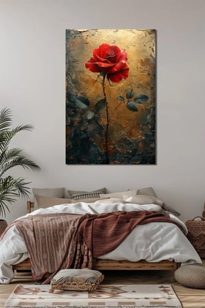 Kırmızı Gül Baskılı Cam Tablo – Altın Dokulu Modern Dekoratif Duvar Tablosu