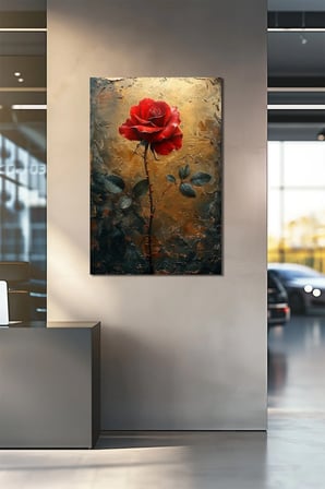 Kırmızı Gül Baskılı Cam Tablo – Altın Dokulu Modern Dekoratif Duvar Tablosu