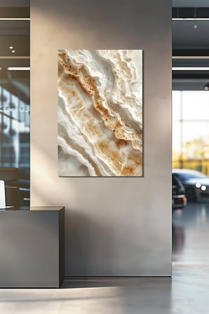 Mermer Desen Baskılı Cam Tablo – Bej & Altın Tonlu Modern Dekoratif Duvar Tablosu