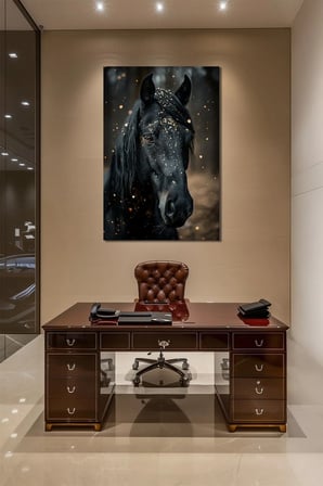 Siyah At Baskılı Cam Tablo – Gold Detaylı Dekoratif At Portresi Duvar Tablosu
