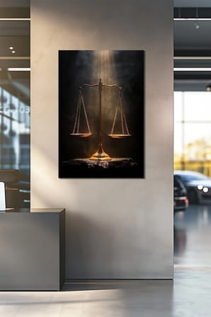 Adalet Terazisi Baskılı Cam Tablo – Işık Efektli Dekoratif Hukuk Temalı Şık Tasarım