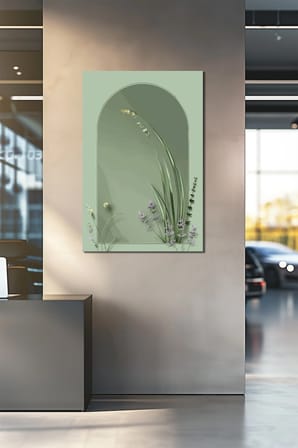 Minimalist Bitki Baskılı Cam Tablo – Yeşil Tonlarda Modern Doğal Dekoratif Tasarım