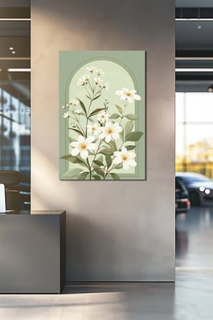 Papatya Çiçeği Baskılı Cam Tablo – Yeşil Zemin Kemer Detaylı Minimalist Doğal Dekor