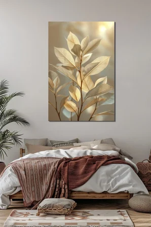 Altın Yaprak Dalı Baskılı Cam Tablo – Minimalist Lüks Doğal Duvar Dekoru