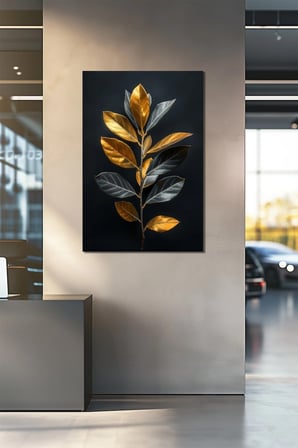 Altın Yaprak Baskılı Cam Tablo – Modern Botanik Desenli Dekoratif Duvar Tablosu