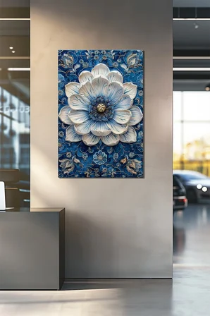 Mavi Çiçek Baskılı Cam Tablo – Etnik Desenli Dekoratif Lotus Duvar Tablosu