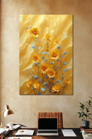 Sarı Çiçek Baskılı Cam Tablo – Modern Floral Desenli Dekoratif Duvar Tablosu