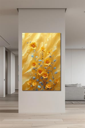 Sarı Çiçek Baskılı Cam Tablo – Modern Floral Desenli Dekoratif Duvar Tablosu