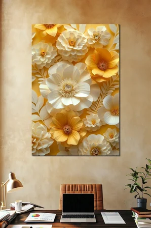 Çiçek Baskılı Cam Tablo – 3D Görünümlü Sarı Beyaz Floral Dekoratif Duvar Tablosu