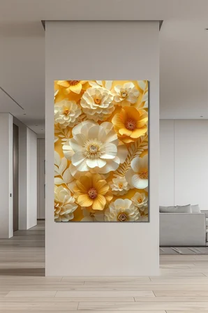 Çiçek Baskılı Cam Tablo – 3D Görünümlü Sarı Beyaz Floral Dekoratif Duvar Tablosu