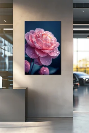 Pembe Gül Baskılı Cam Tablo – Su Damlalı Çiçek Desenli Dekoratif Duvar Tablosu