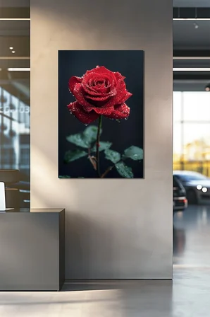Kırmızı Gül Baskılı Cam Tablo – Su Damlalı Romantik Çiçek Dekoratif Duvar Tablosu