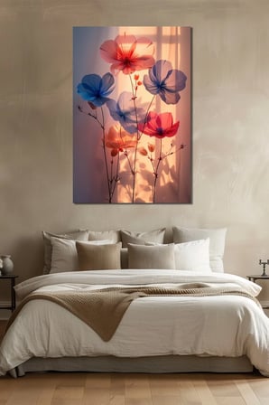 Çiçek Baskılı Cam Tablo – Gün Işığı Efektli Renkli Floral Dekoratif Duvar Tablosu