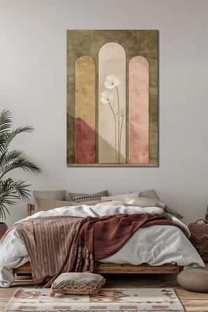Minimalist Çiçek Baskılı Cam Tablo – Soyut Kemerli Desenli Dekoratif Duvar Tablosu