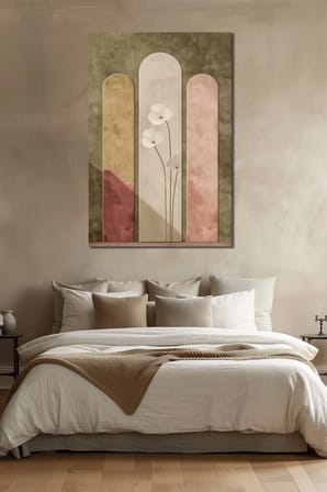 Minimalist Çiçek Baskılı Cam Tablo – Soyut Kemerli Desenli Dekoratif Duvar Tablosu