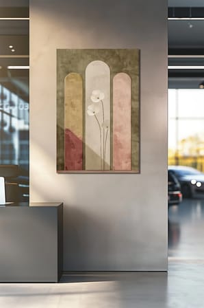 Minimalist Çiçek Baskılı Cam Tablo – Soyut Kemerli Desenli Dekoratif Duvar Tablosu