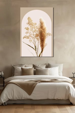 Pampas Otu Baskılı Cam Tablo – Bej Tonlu Minimalist Bitki Duvar Dekoru