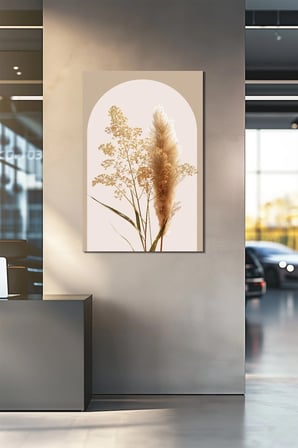 Pampas Otu Baskılı Cam Tablo – Bej Tonlu Minimalist Bitki Duvar Dekoru