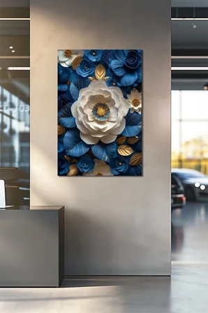 Mavi Çiçek Baskılı Cam Tablo – Altın Detaylı 3D Görünümlü Lüks Floral Duvar Dekoru