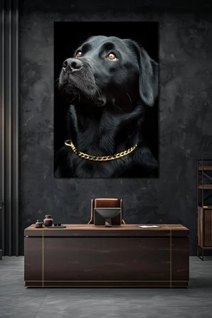 Siyah Köpek Baskılı Cam Tablo – Gold Zincir Detaylı Modern ve Şık Duvar Dekoru