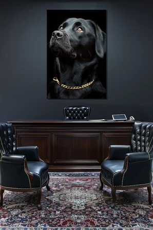 Siyah Köpek Baskılı Cam Tablo – Gold Zincir Detaylı Modern ve Şık Duvar Dekoru