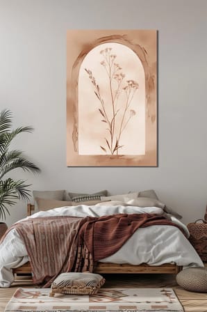Minimalist Bitki Baskılı Cam Tablo – Bej Tonlu Niş Tasarım Modern Duvar Dekoru
