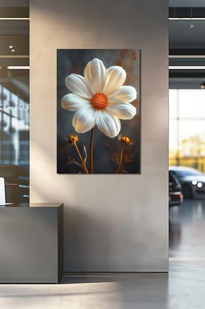 Papatya Çiçeği Baskılı Cam Tablo – Beyaz Çiçekli Estetik Modern Duvar Dekoru